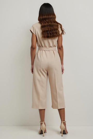 Notched Lapel Khaki Midi Work Jumpsuits with 3D Flowers